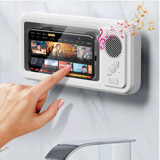 waterproof mobile phone box holder with bluetooth speaker, full touch screen stand for kitchen, bathroom, pool and sink use.