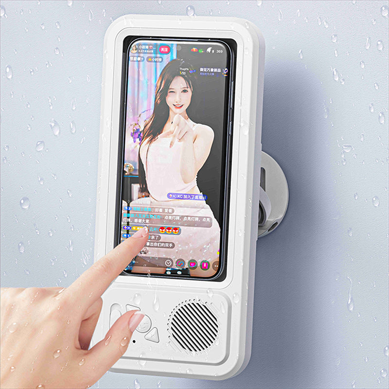 waterproof mobile phone box holder with bluetooth speaker, full touch screen stand for kitchen, bathroom, pool and sink use.