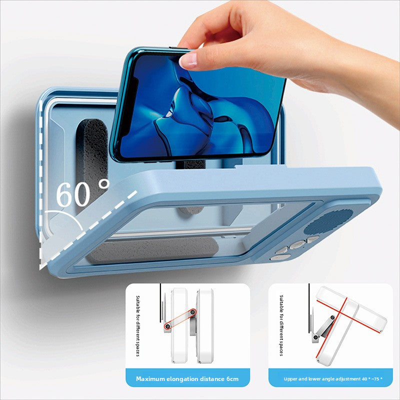 waterproof mobile phone box holder with bluetooth speaker, full touch screen stand for kitchen, bathroom, pool and sink use.